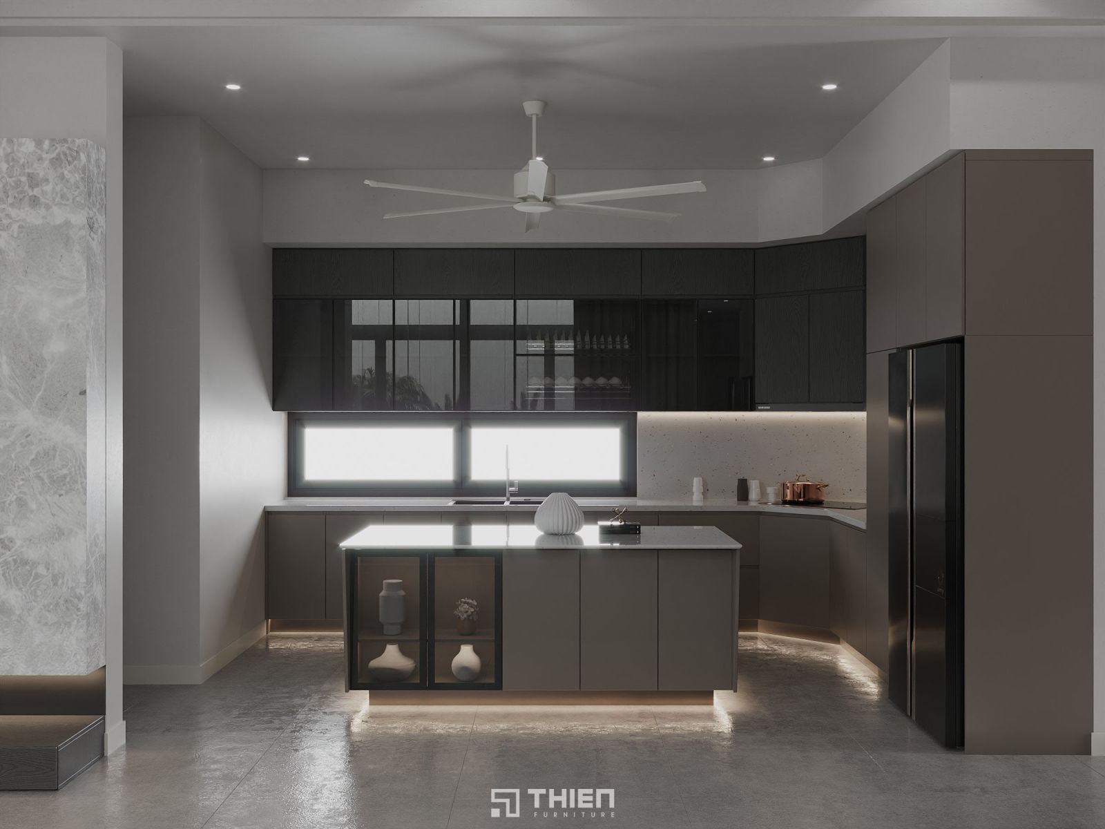 Bếp Chữ L Dài 5m Với Tủ Kính Decor Tối Màu TBT091