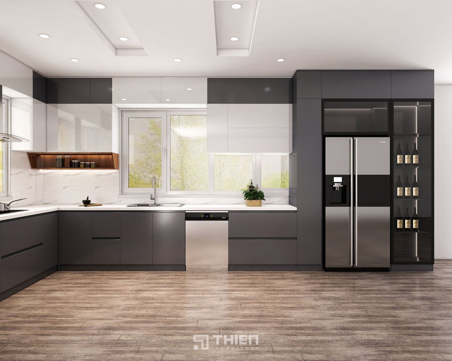 Bếp Chữ L Xám Trắng 5m2 Kết Hợp Tủ Rượu Kính TBT084