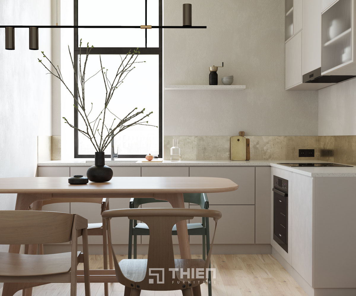 bếp chữ L kiểu Bắc Âu cho căn hộ chung cư
