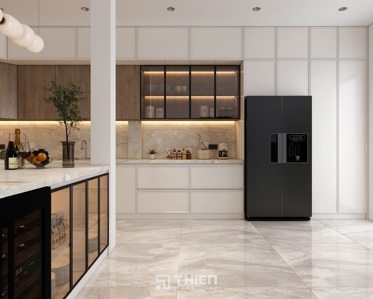 Tủ bếp kính led sang trọng