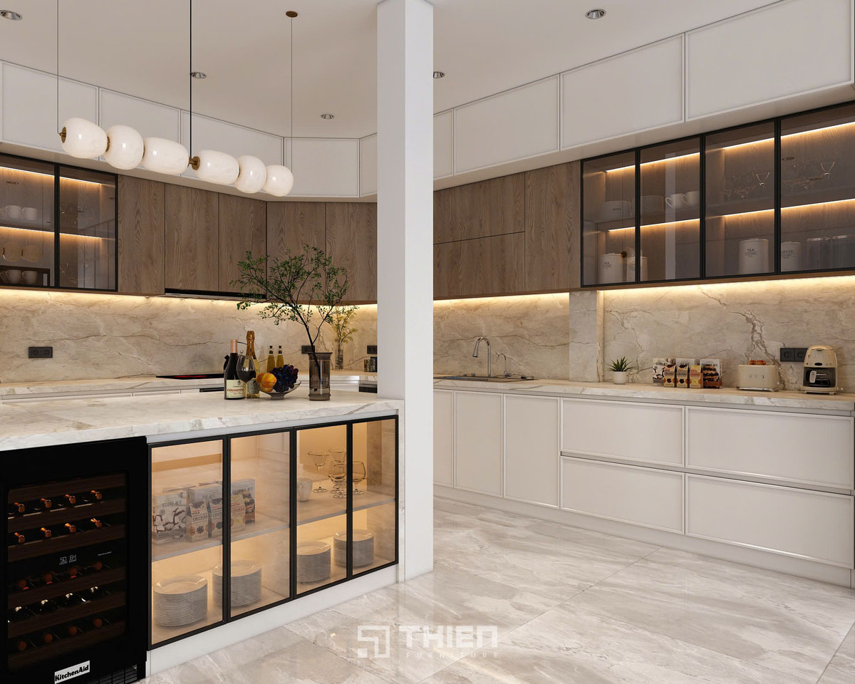 Tủ bếp chữ L kết hợp tủ kính trưng bày