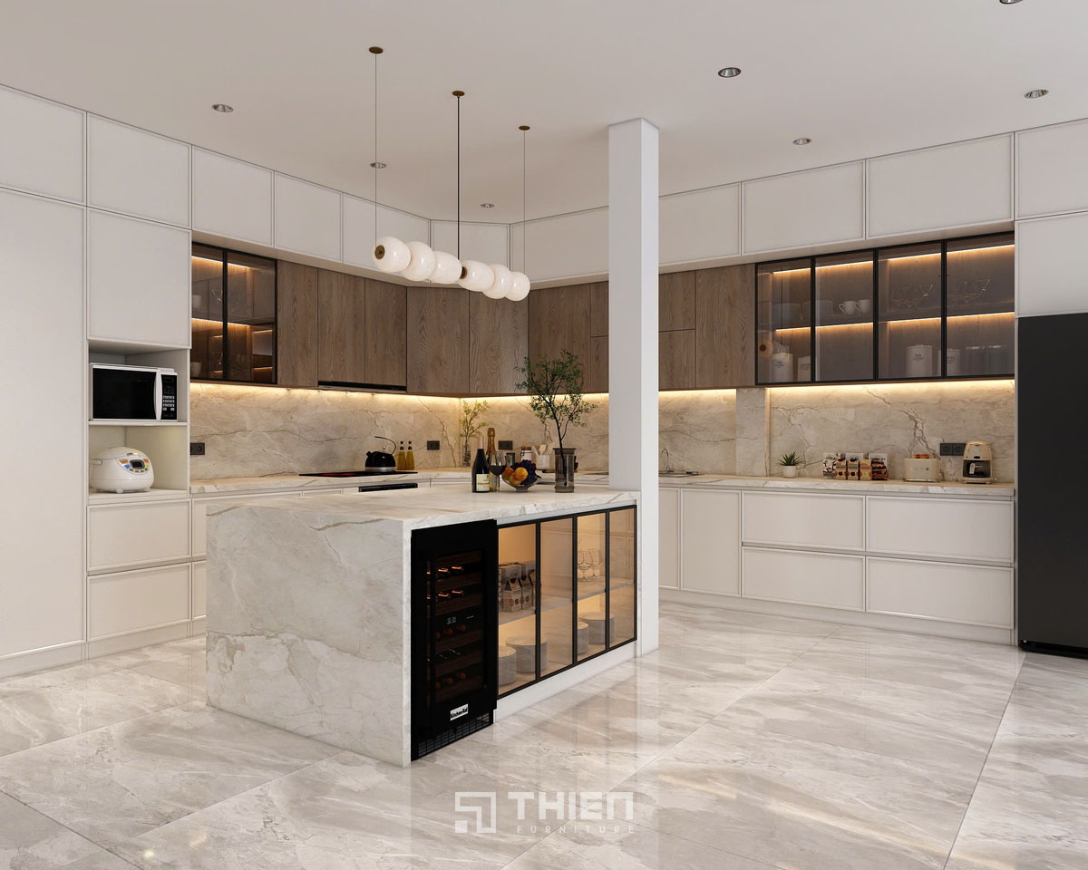 Tủ bếp chữ L ốp kính led hiện đại