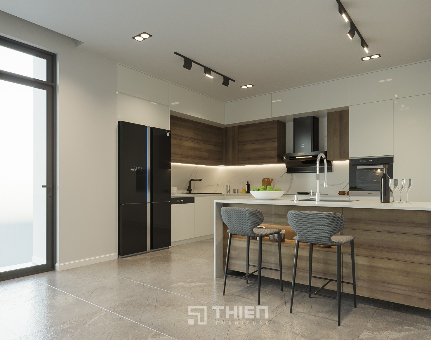 Tủ bếp acrylic chữ L kết hợp đảo