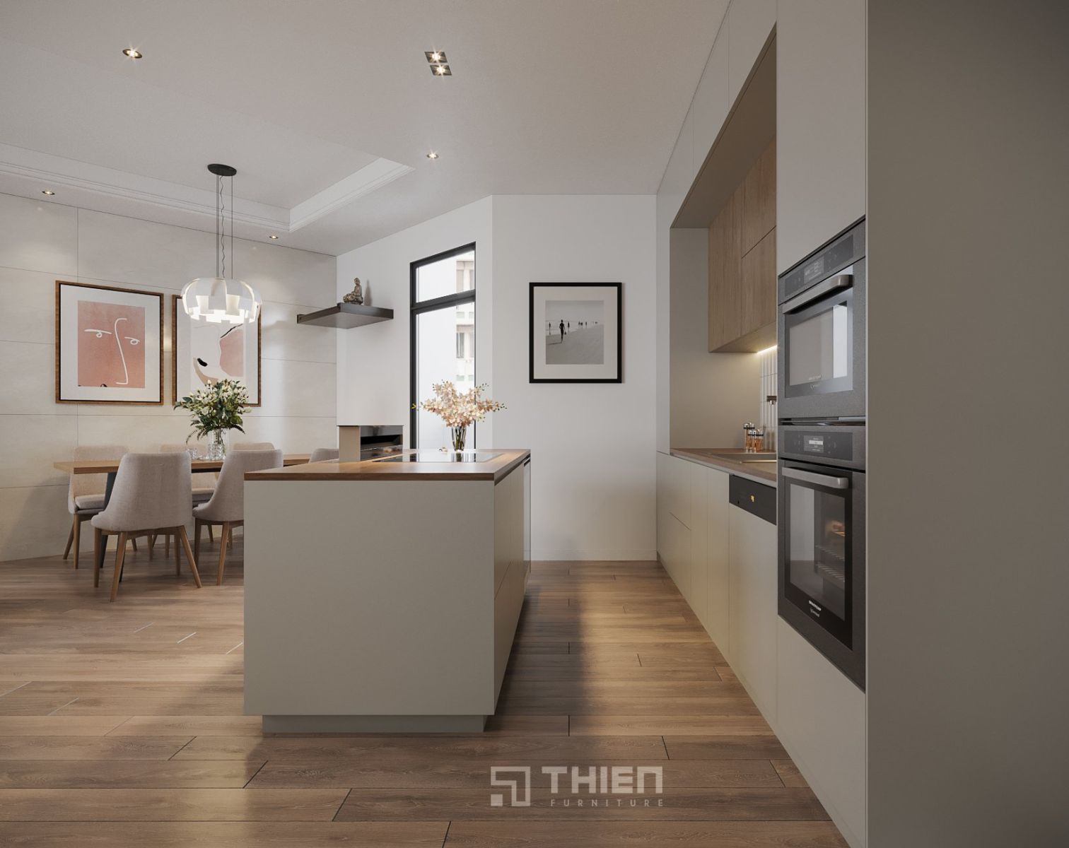 Thiết kế tủ bếp liền phòng khách