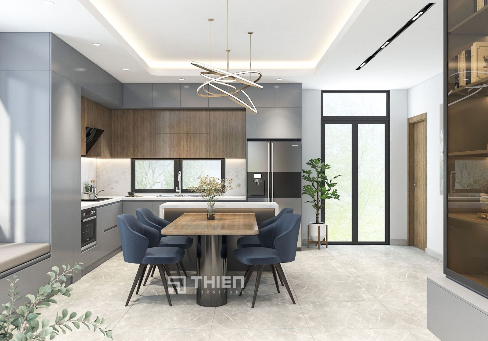 tủ bếp có bàn đảo màu xám