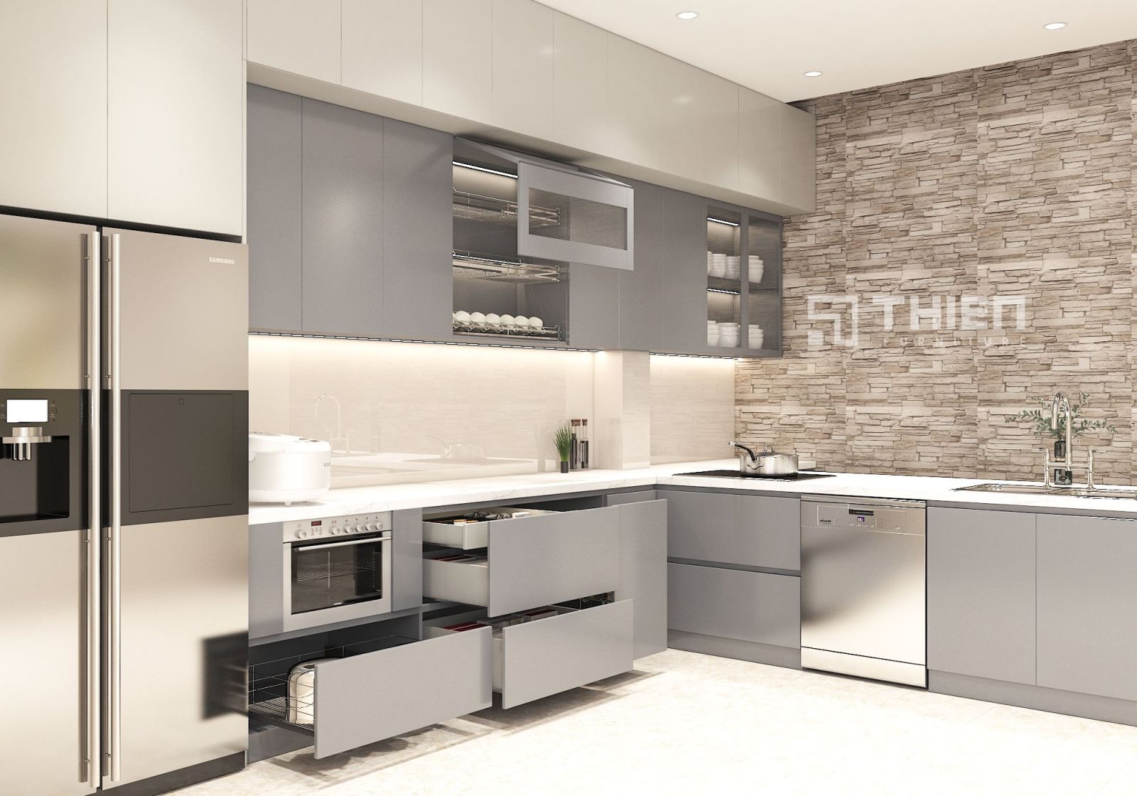 Tủ Bếp Chữ L Hiện Đại Màu Xám Tối Giản TBT036