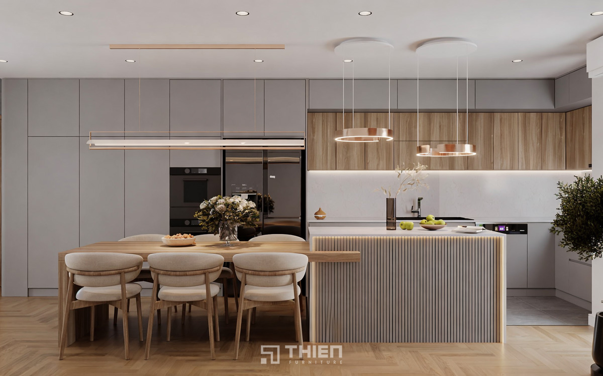 Bếp Chữ L 3m Hiện Đại có bàn ăn