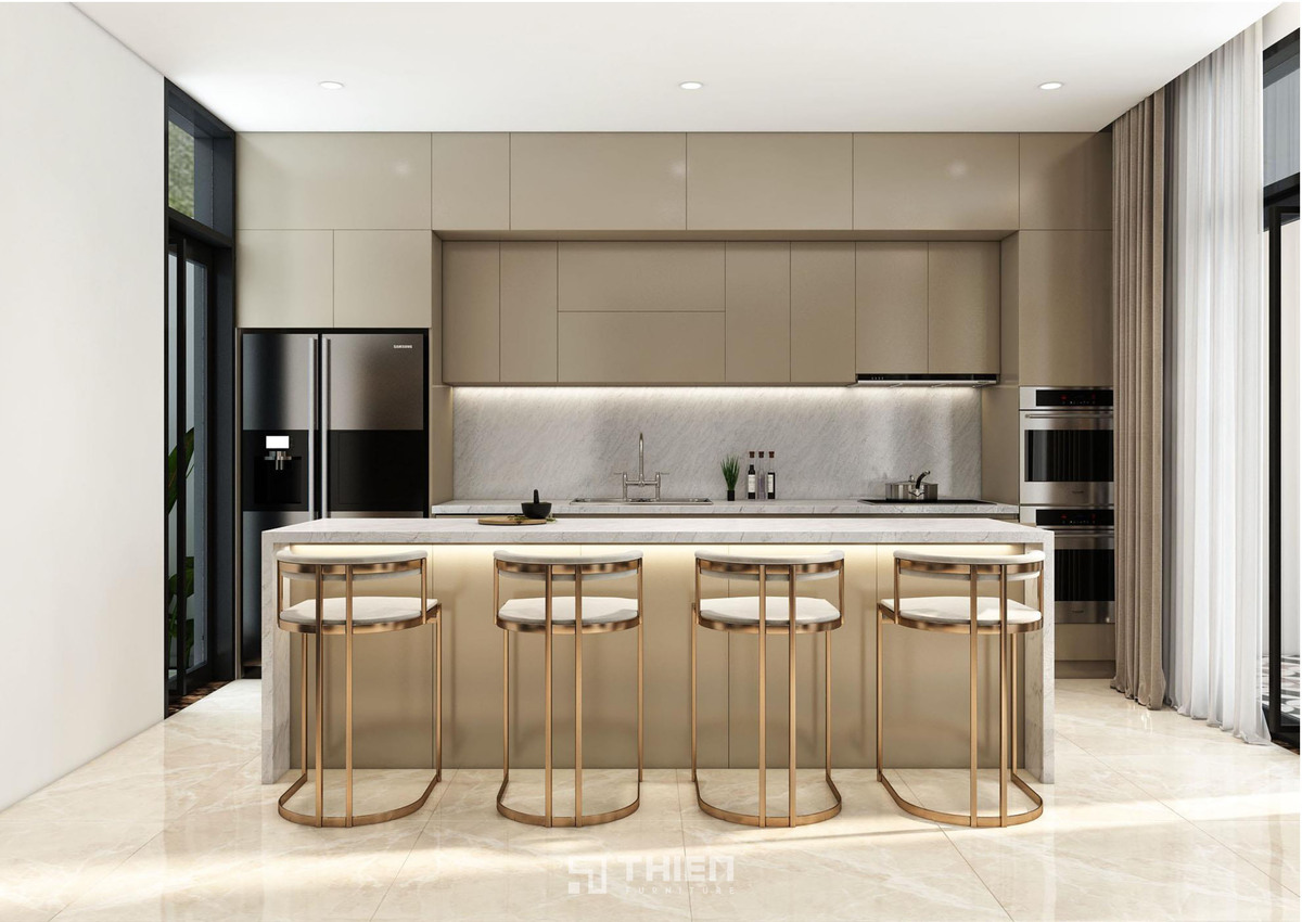 Bếp Chữ I Dài 4m Mặt Đá Trắng Luxury