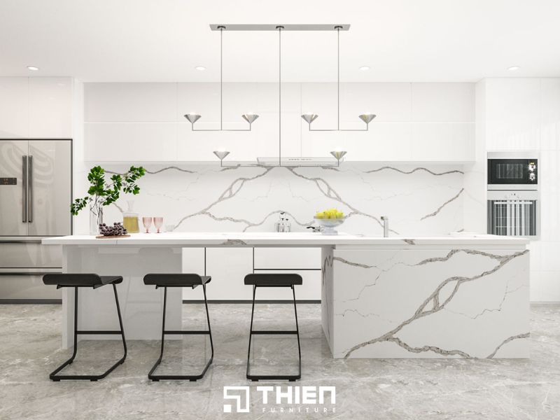 Bàn đảo bếp mặt đá trắng vân mây