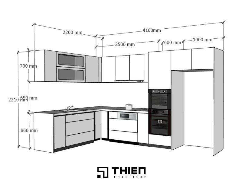 Kích thước tủ bếp chữ L tiêu chuẩn