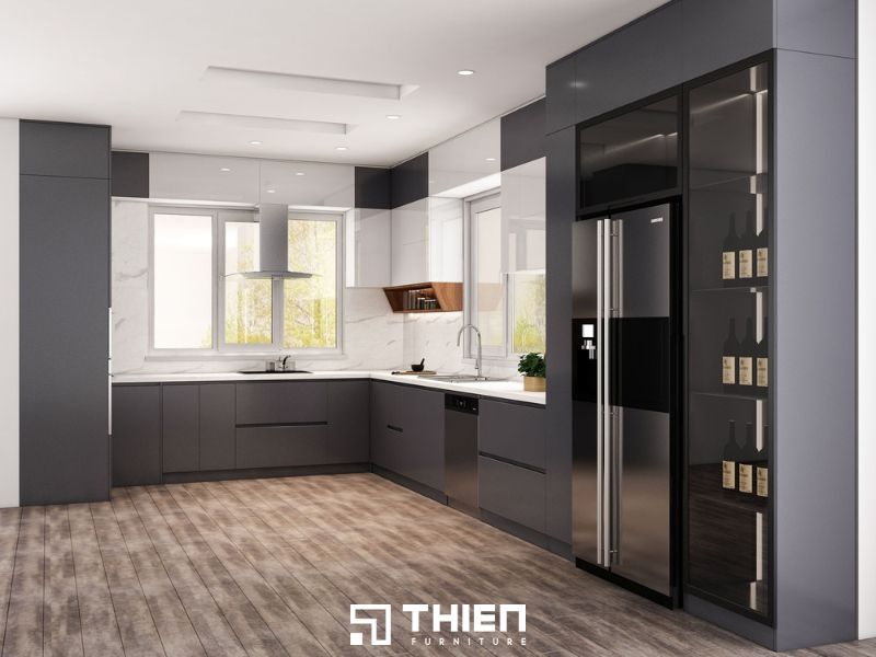 Mẫu tủ bếp đẹp hình chữ L tone xám