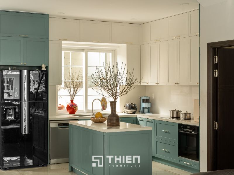 Mẫu tủ bếp đẹp, sang trọng với tone màu xanh pastel