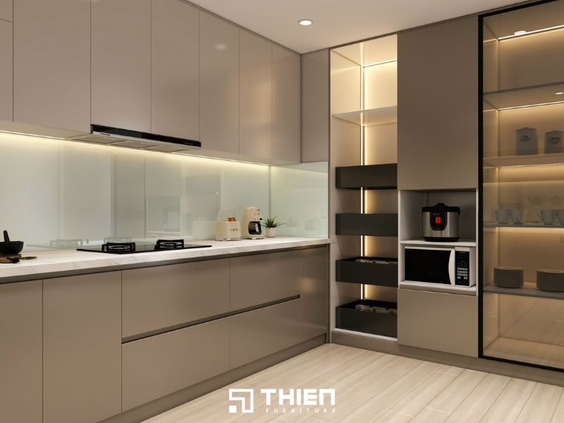 Mẫu tủ bếp nhựa cao cấp với phong cách hiện đại đầy đủ tiện nghi