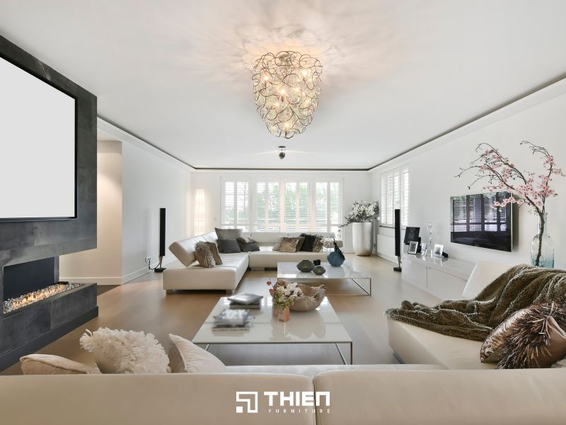 Mẫu nội thất phòng khách phong cách Luxury gam màu trắng kết hợp với các vật liệu tự nhiên