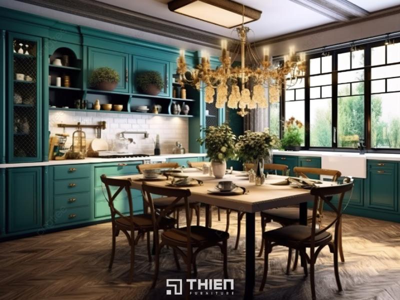 Mẫu nội thất bếp cổ điển tông xanh lá kết hợp cửa sổ lớn