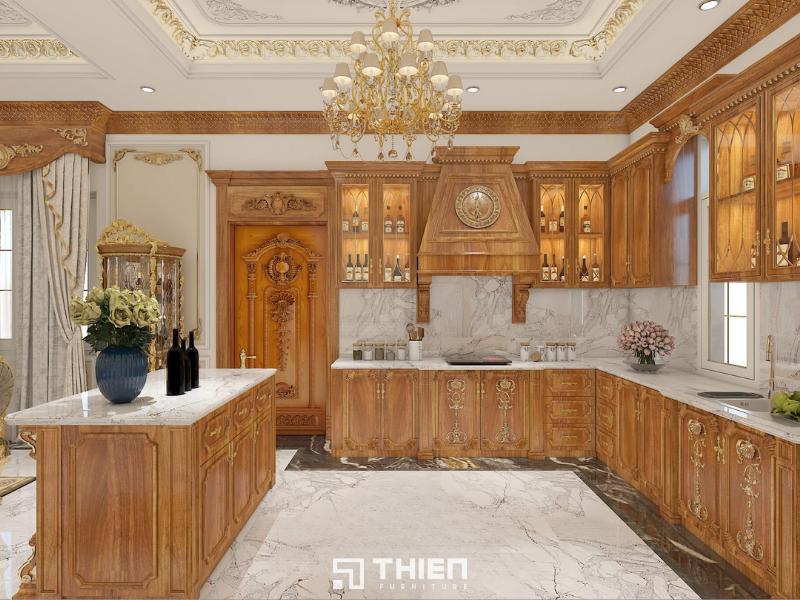 Mẫu bếp cổ điển sử dụng nội thất gỗ tự nhiên