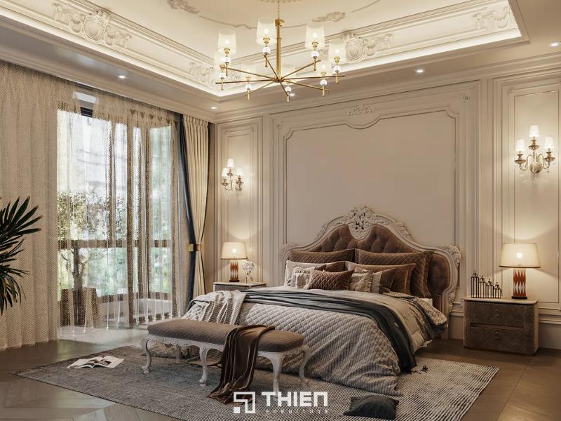Phòng ngủ phong cách thiết kế cổ điển với giường bọc nhung