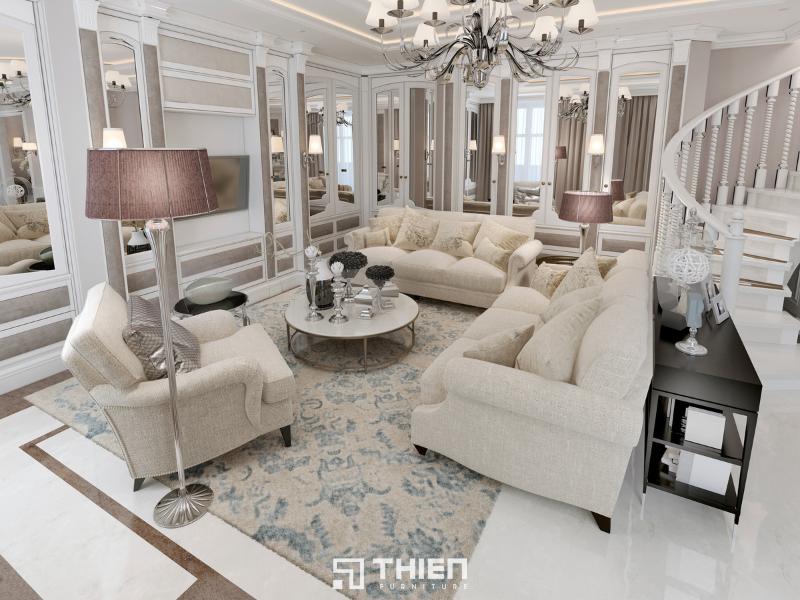 Sử dụng sofa, tranh treo tường hoặc đèn chùm để tạo điểm nhấn
