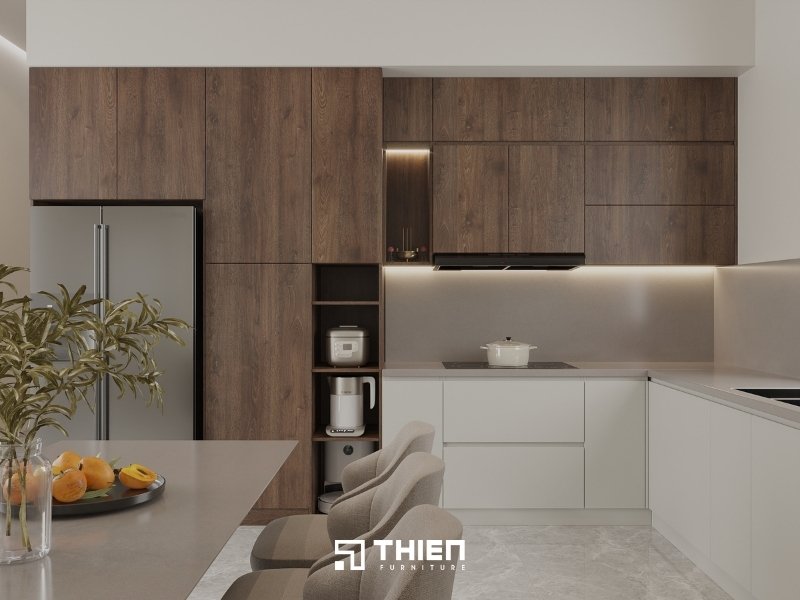 Tủ bếp chung cư tận dụng góc tường, giúp tối ưu diện tích phòng bếp