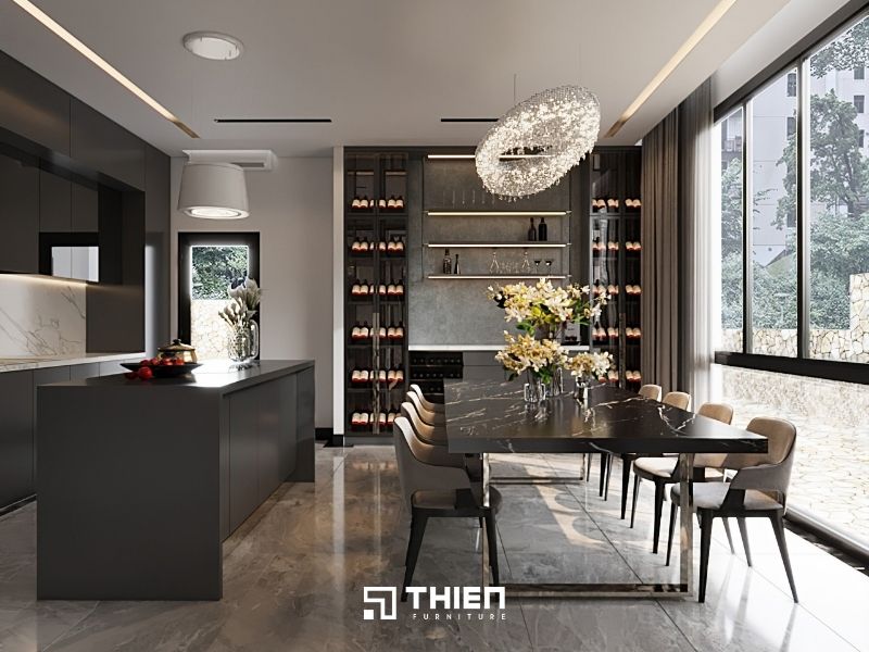 Mẫu bếp chung cư diện tích lớn với tông màu đen thời thượng