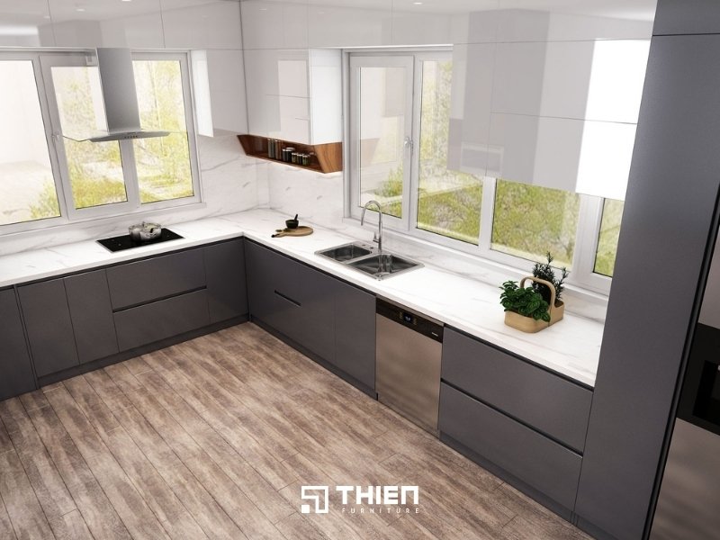 Thiết kế tủ bếp sát góc tường với tông màu trắng và xám