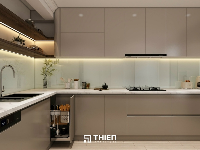 Mẫu tủ bếp chung cư chữ L đơn giản, hòa hợp mọi không gian nội thất