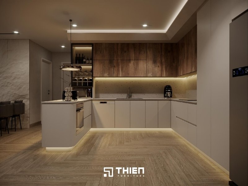 Tủ bếp cho chung cư hình chữ U với nhiều ngăn kéo tiện lợi