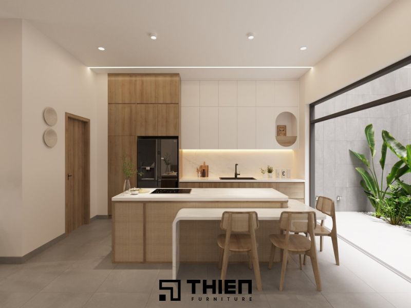 Tủ bếp gỗ MDF phủ melamine chữ I phối màu gỗ và trắng trang nhã