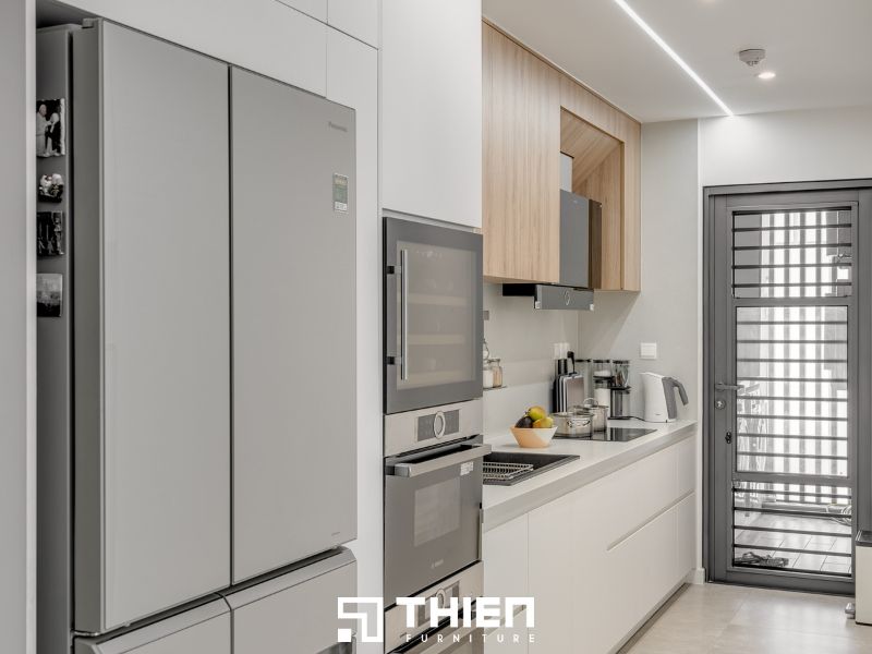 Mẫu tủ bếp gỗ MDF phủ melamine chữ I tối ưu không gian