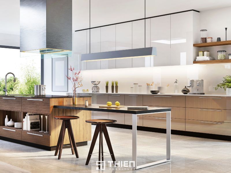 Mẫu tủ bếp acrylic phối gỗ công nghiệp