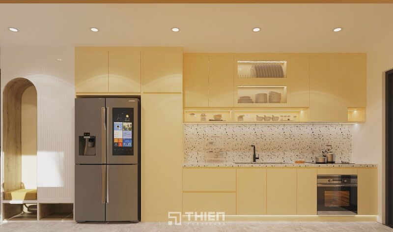 Tủ Bếp Chữ I 4m2 Màu Vàng Tối Giản TBT013